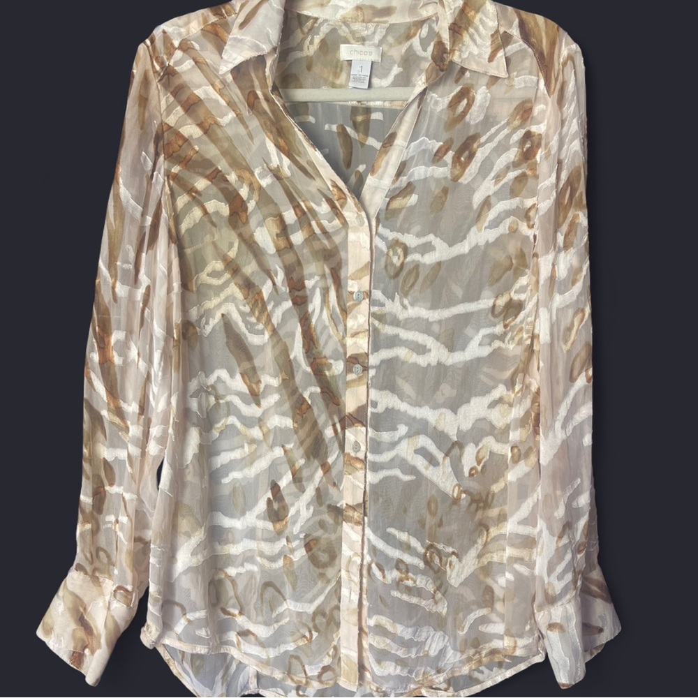 Chico's Sheer Button Down in Brown and Cream